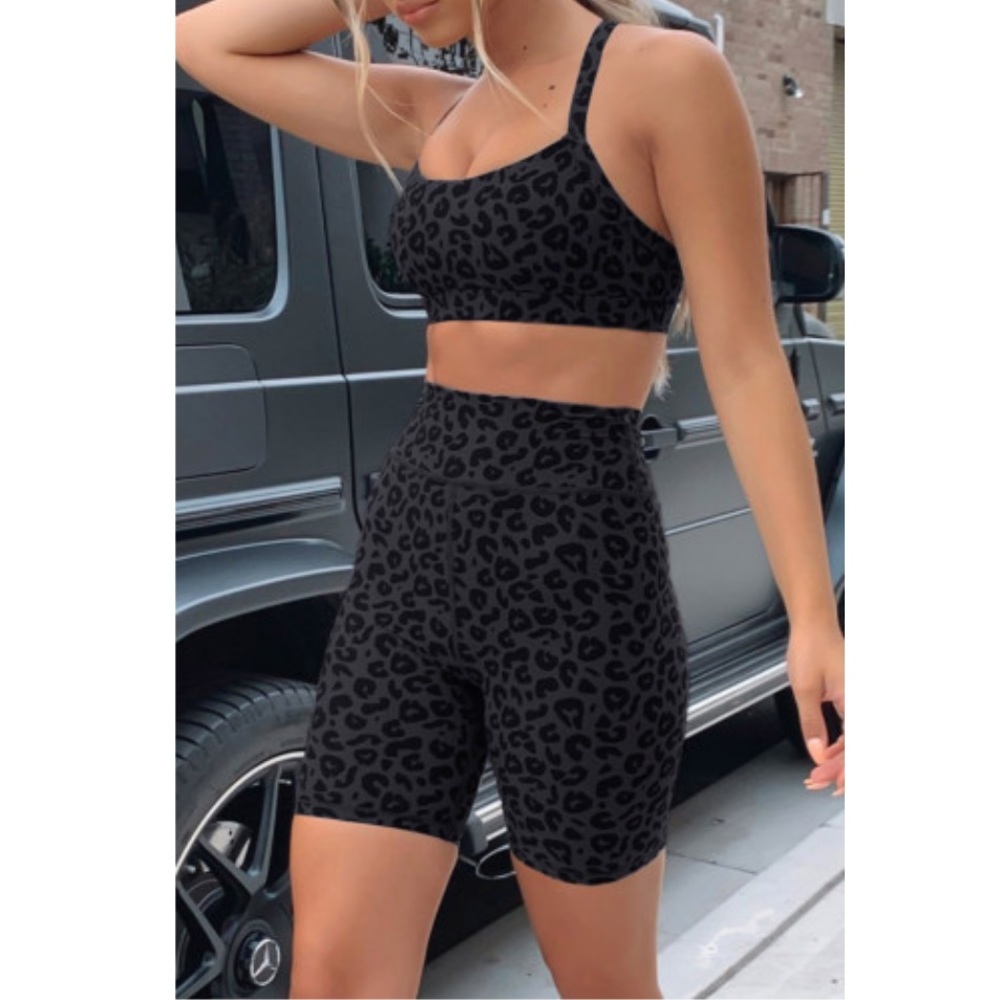 ONE LEFT Gray Leopard Print Activewear Set Sports Bra Biker Shorts Size S